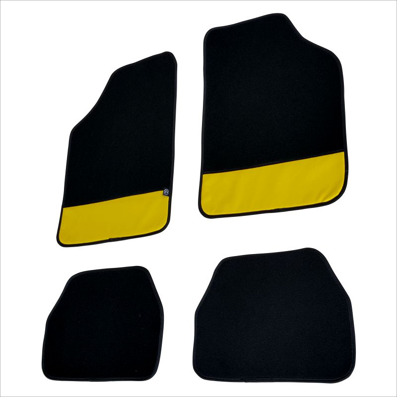 FUM12 - Fußmatten Set Fussmatte Autoteppich Schwarz Textil, Gelb Leder